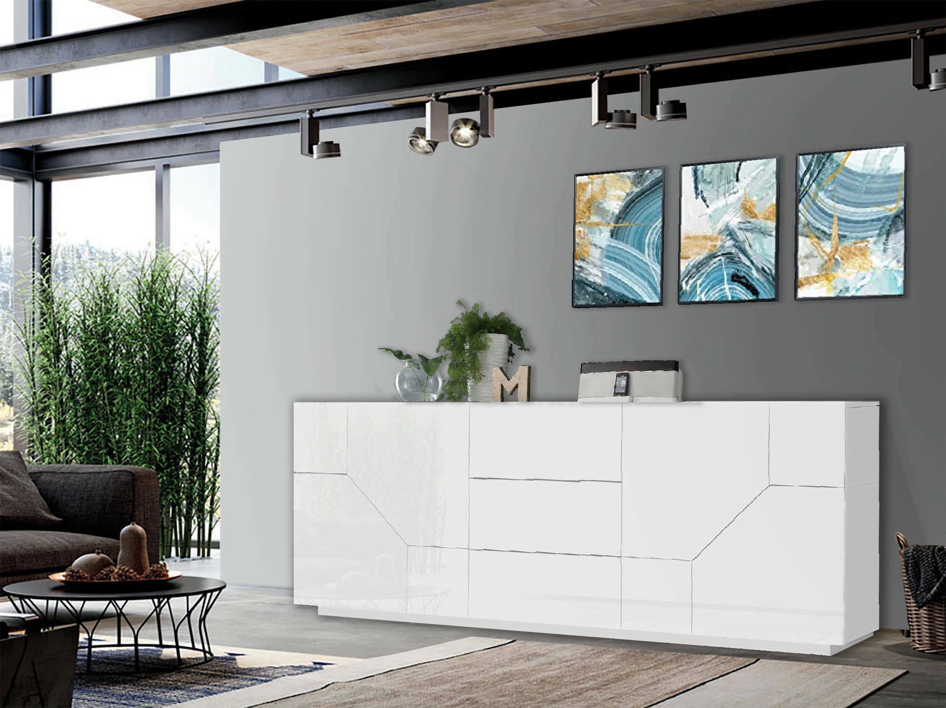 Credenza moderna a 4 ante geometriche e 3 cassetti, Made in Italy, Madia da cucina, Buffet di design da soggiorno, Cm 220x43h86, Bianco lucido