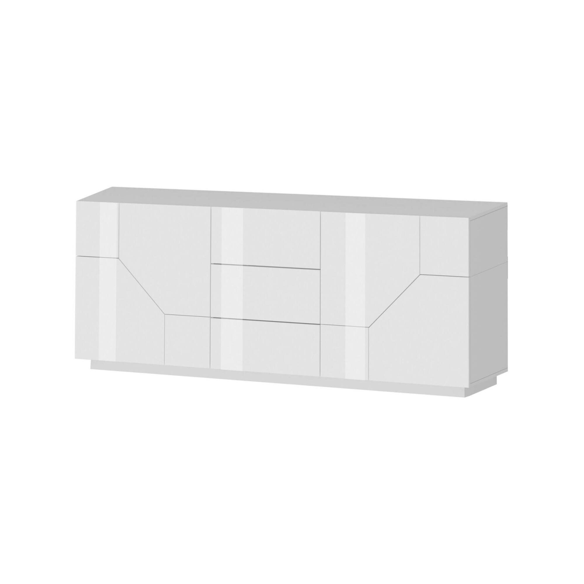 Credenza moderna a 4 ante geometriche e 3 cassetti, Made in Italy, Madia da cucina, Buffet di design da soggiorno, Cm 220x43h86, Bianco lucido