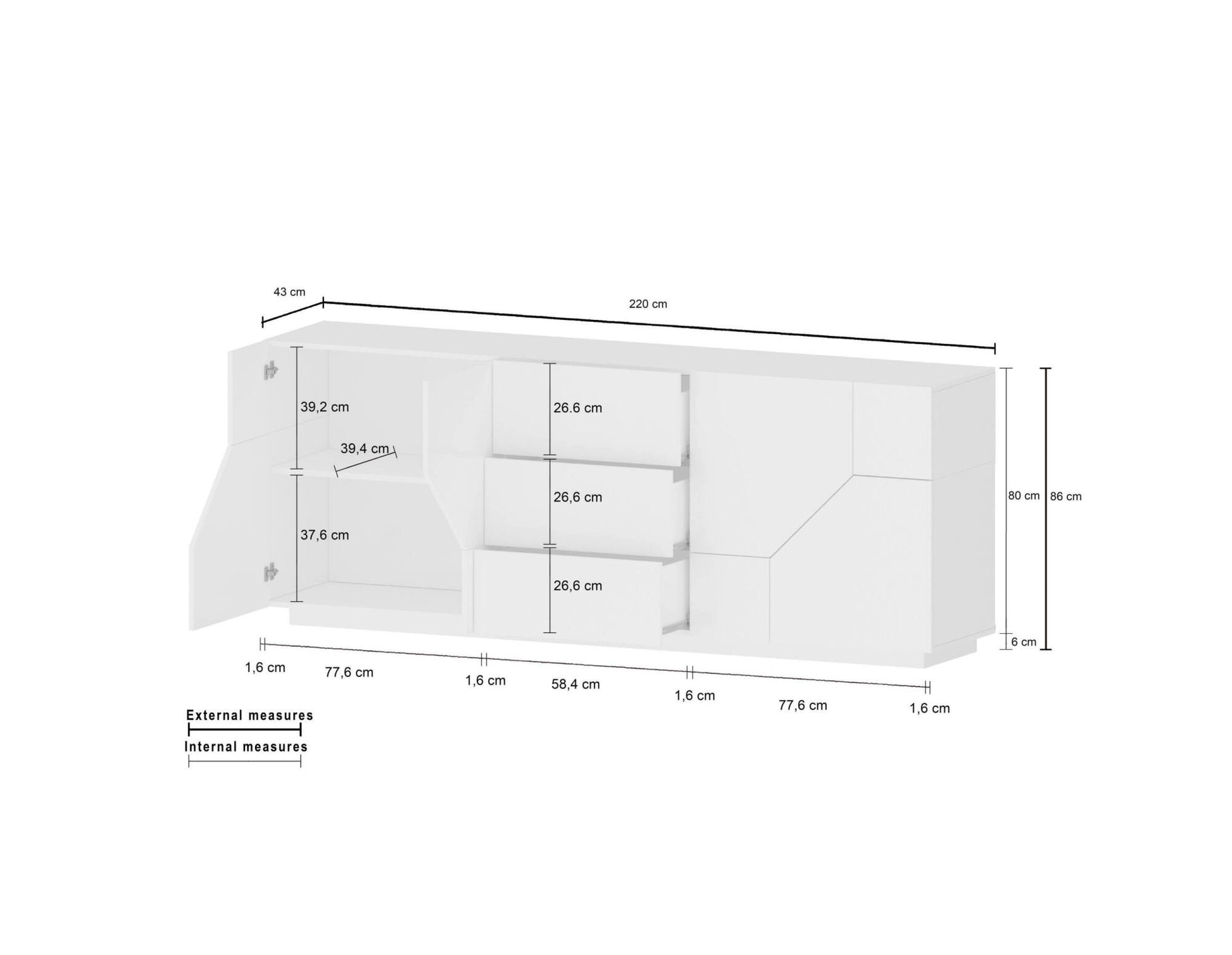 Credenza moderna a 4 ante geometriche e 3 cassetti, Made in Italy, Madia da cucina, Buffet di design da soggiorno, Cm 220x43h86, Bianco lucido