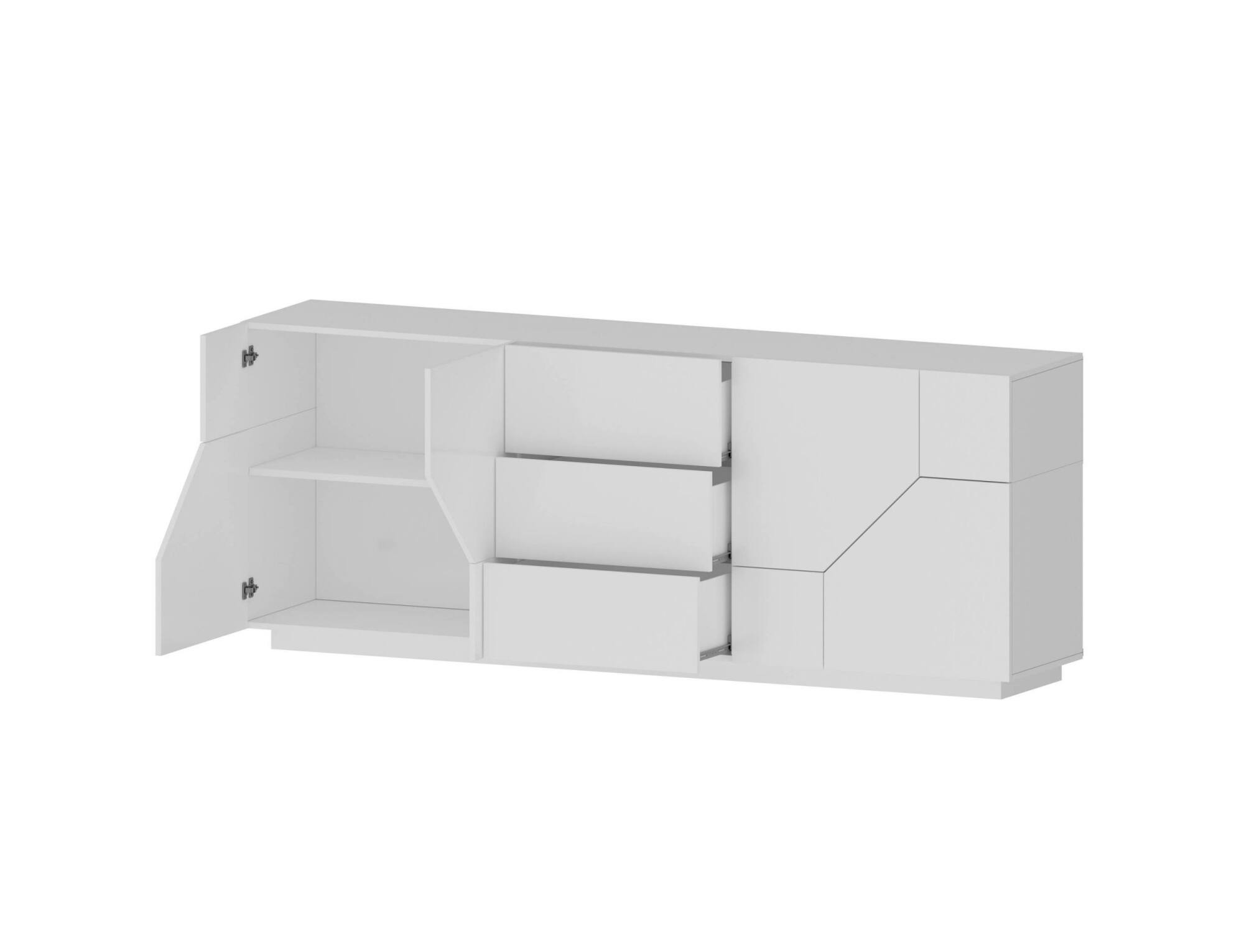 Credenza moderna a 4 ante geometriche e 3 cassetti, Made in Italy, Madia da cucina, Buffet di design da soggiorno, Cm 220x43h86, Bianco lucido