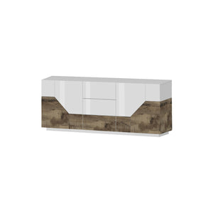 Credenza moderna a 4 ante geometriche e 3 Almira, Made in Italy, Madia da cucina, Buffet di design da soggiorno, Cm 220x43h86, Bianco lucido e Acero