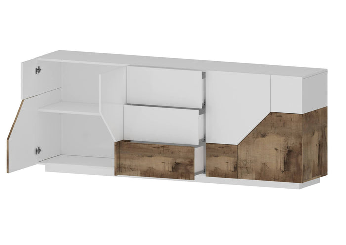 Credenza moderna a 4 ante geometriche e 3 Almira, Made in Italy, Madia da cucina, Buffet di design da soggiorno, Cm 220x43h86, Bianco lucido e Acero