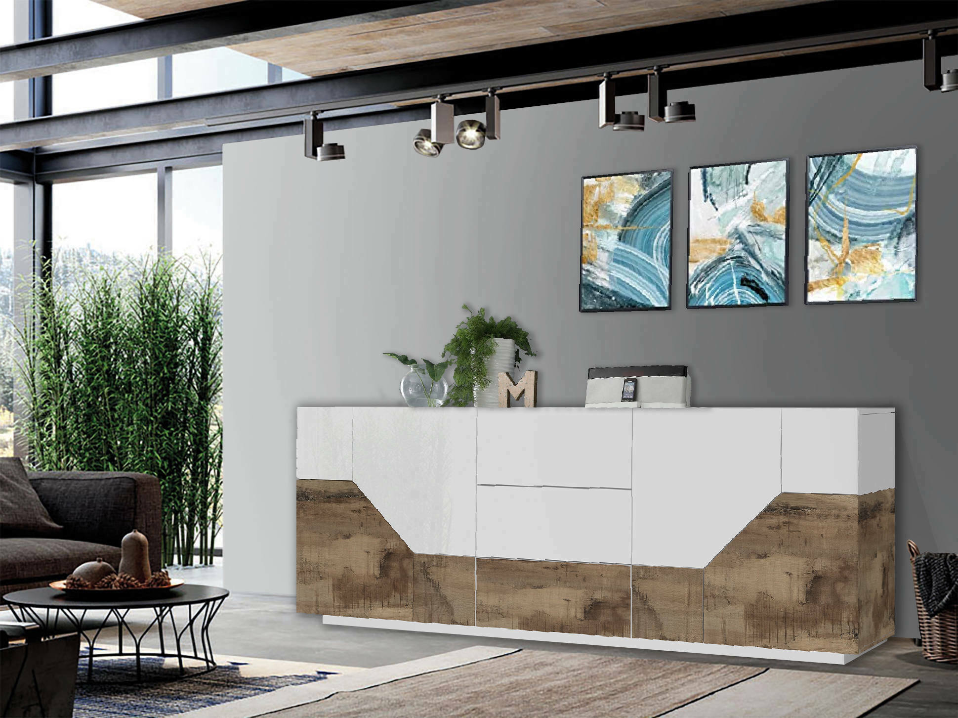 Credenza moderna a 4 ante geometriche e 3 Almira, Made in Italy, Madia da cucina, Buffet di design da soggiorno, Cm 220x43h86, Bianco lucido e Acero