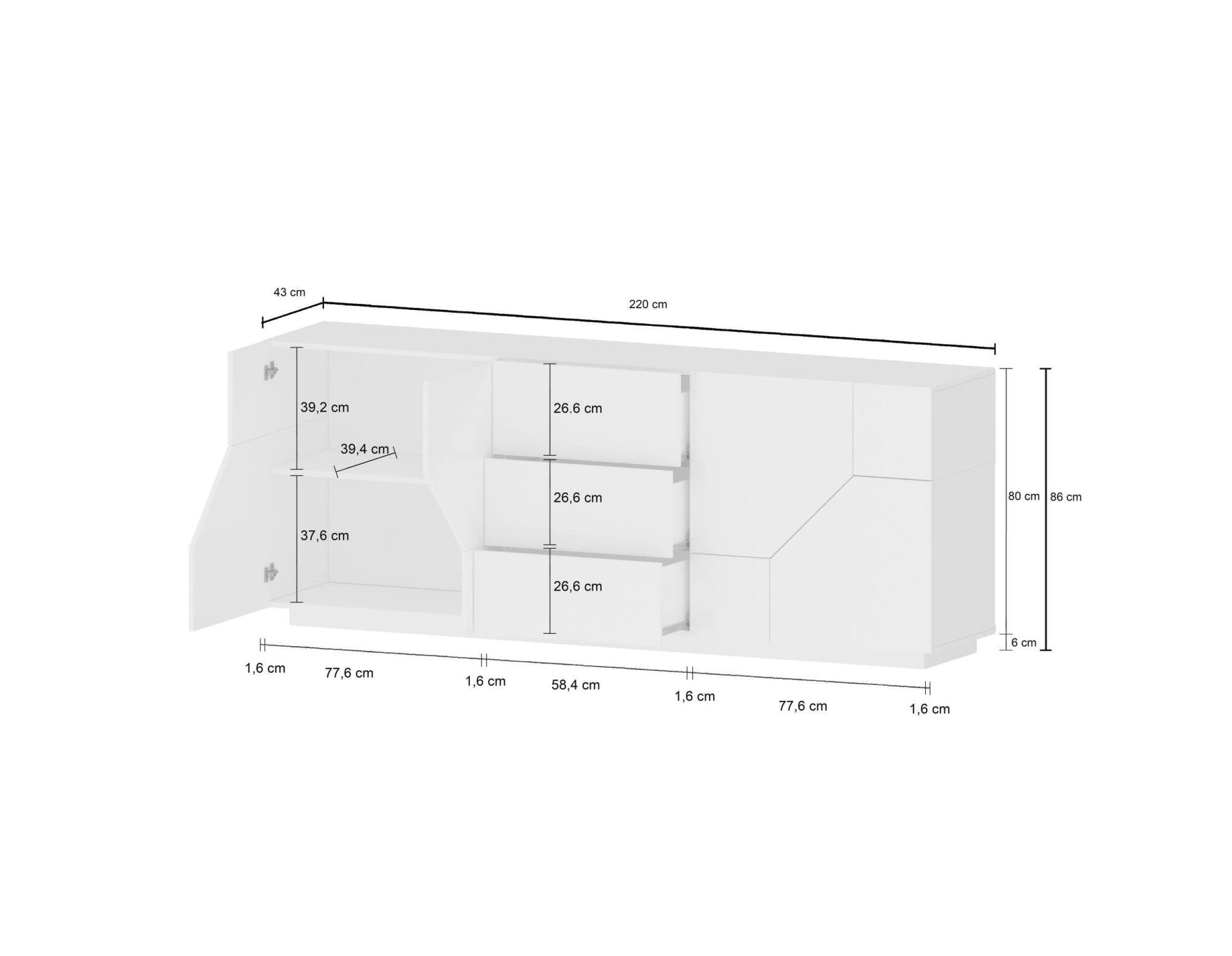Credenza moderna a 4 ante geometriche e 3 Almira, Made in Italy, Madia da cucina, Buffet di design da soggiorno, Cm 220x43h86, Ardesia e Acero