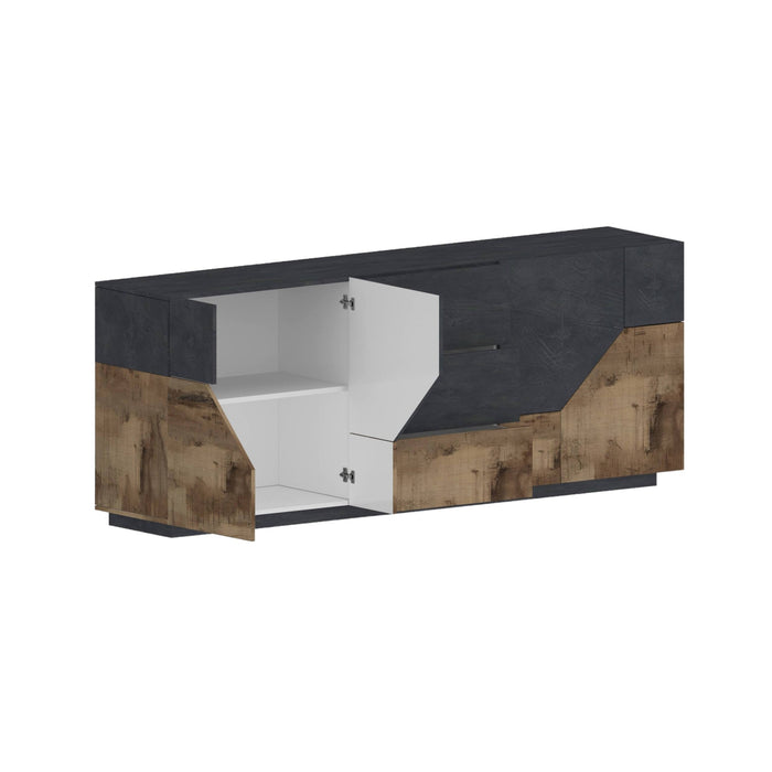 Credenza moderna a 4 ante geometriche e 3 Almira, Made in Italy, Madia da cucina, Buffet di design da soggiorno, Cm 220x43h86, Ardesia e Acero