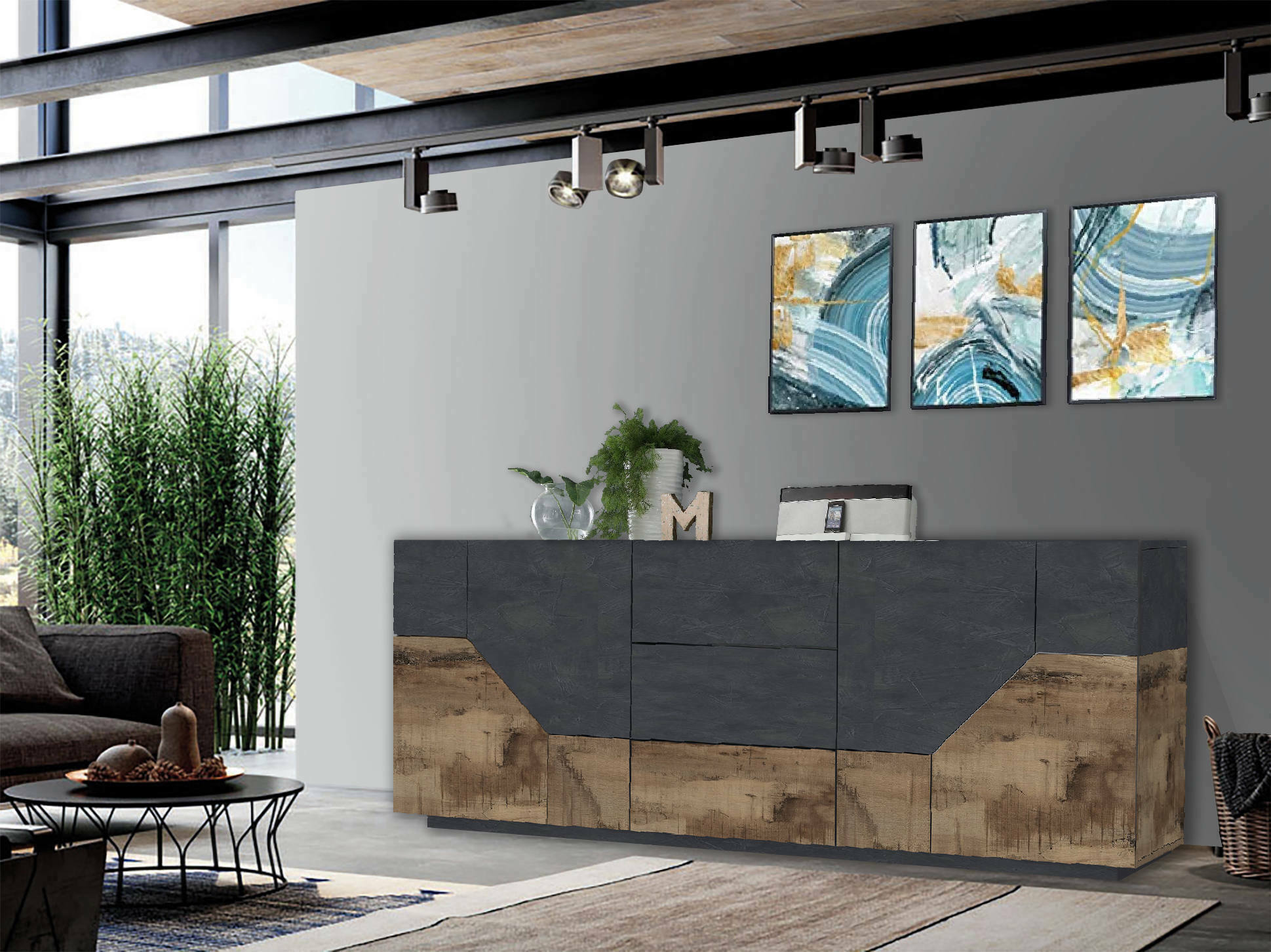 Credenza moderna a 4 ante geometriche e 3 Almira, Made in Italy, Madia da cucina, Buffet di design da soggiorno, Cm 220x43h86, Ardesia e Acero