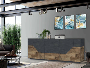 Credenza moderna a 4 ante geometriche e 3 Almira, Made in Italy, Madia da cucina, Buffet di design da soggiorno, Cm 220x43h86, Ardesia e Acero