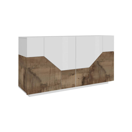 Credenza moderna a 4 ante Ania, Made in Italy, Madia da ingresso, Buffet di design da soggiorno, Cm 200x43h86, Bianco lucido e Acero