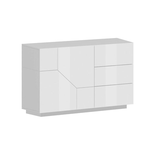 Credenza moderna a 2 ante geometriche e 3 All, Made in Italy, Madia da cucina, Buffet di design da soggiorno, Cm 141x43h86, Bianco lucido