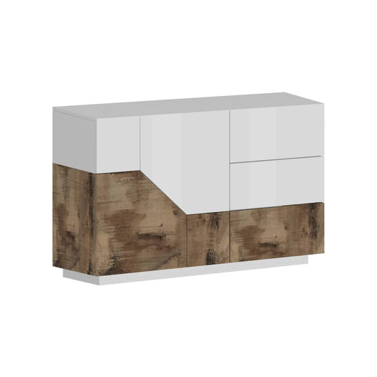 Credenza moderna a 2 ante geometriche e 3 All, Made in Italy, Madia da cucina, Buffet di design da soggiorno, Cm 141x43h86, Bianco lucido e Acero