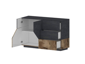 Credenza moderna a 2 ante geometriche e 3 All, Made in Italy, Madia da cucina, Buffet di design da soggiorno, Cm 141x43h86, Ardesia e Acero