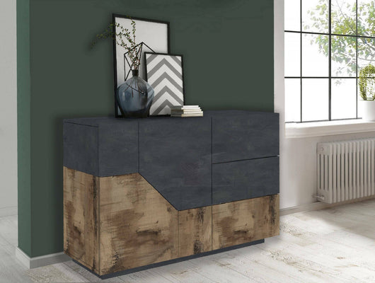 Credenza moderna a 2 ante geometriche e 3 All, Made in Italy, Madia da cucina, Buffet di design da soggiorno, Cm 141x43h86, Ardesia e Acero