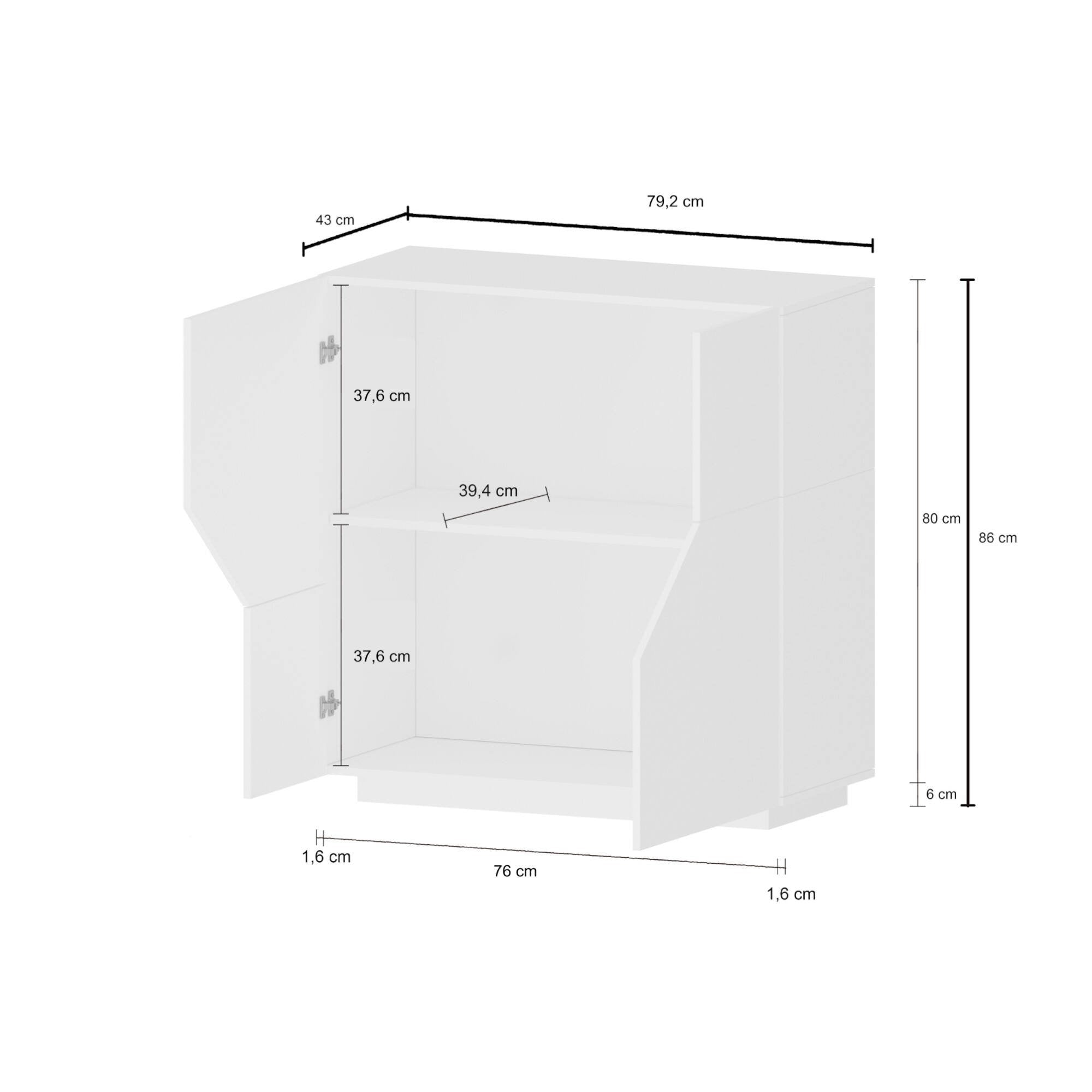 Credenza moderna a 2 ante Amento, Made in Italy, Madia da cucina, Buffet di design da soggiorno, Cm 79x43h86, Bianco lucido e Acero