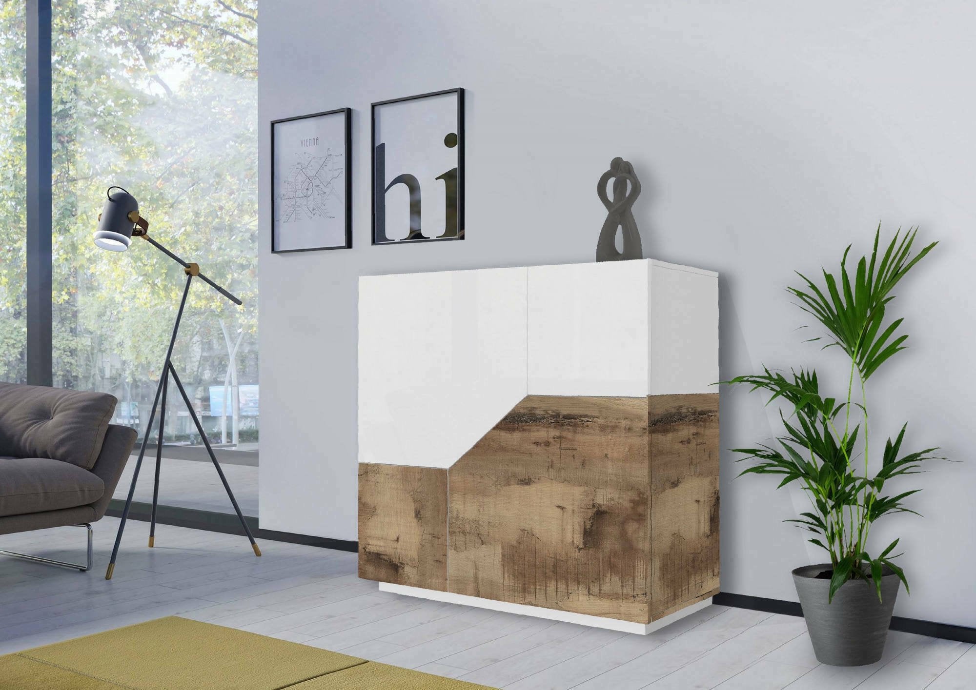 Credenza moderna a 2 ante Amento, Made in Italy, Madia da cucina, Buffet di design da soggiorno, Cm 79x43h86, Bianco lucido e Acero