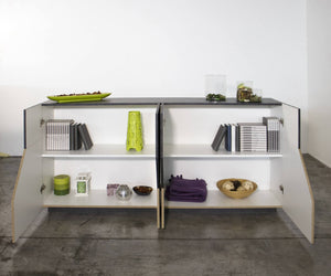 Credenza moderna a 4 ante Agis, Made in Italy, Madia da cucina, Buffet di design da soggiorno, Cm 159x43h86, Ardesia e Acero