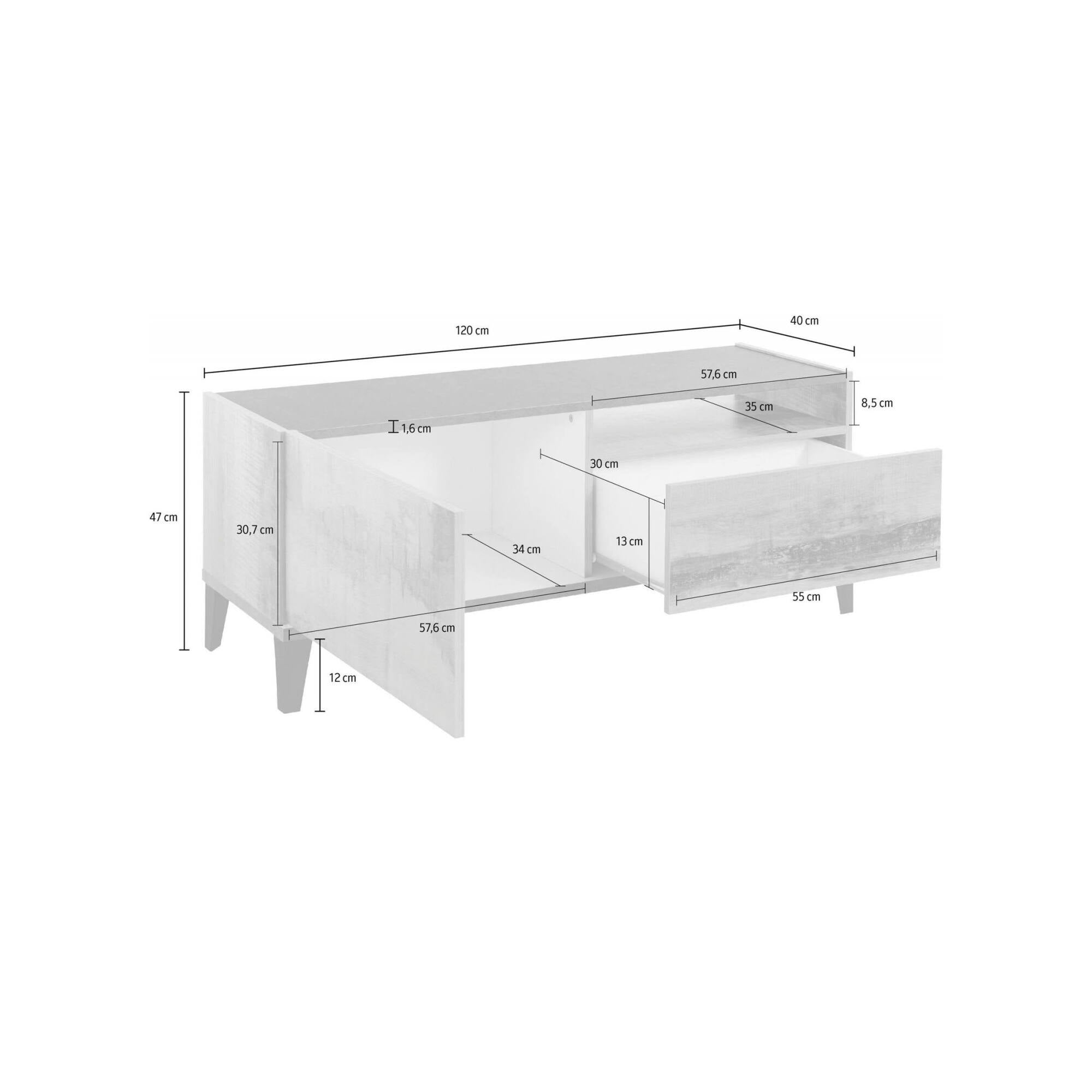 Mobile da soggiorno Porta Atris, Made in Italy, Supporto per Atris da salotto a 1 anta e 1 cassetto, Cm 120x40h47, Bianco lucido e Ardesia