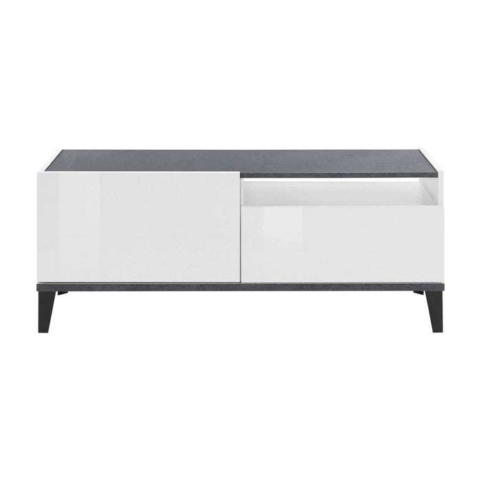 Mobile da soggiorno Porta Atris, Made in Italy, Supporto per Atris da salotto a 1 anta e 1 cassetto, Cm 120x40h47, Bianco lucido e Ardesia