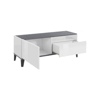 Mobile da soggiorno Porta Atris, Made in Italy, Supporto per Atris da salotto a 1 anta e 1 cassetto, Cm 120x40h47, Bianco lucido e Ardesia