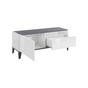 Mobile da soggiorno Porta Atris, Made in Italy, Supporto per Atris da salotto a 1 anta e 1 cassetto, Cm 120x40h47, Bianco lucido e Ardesia