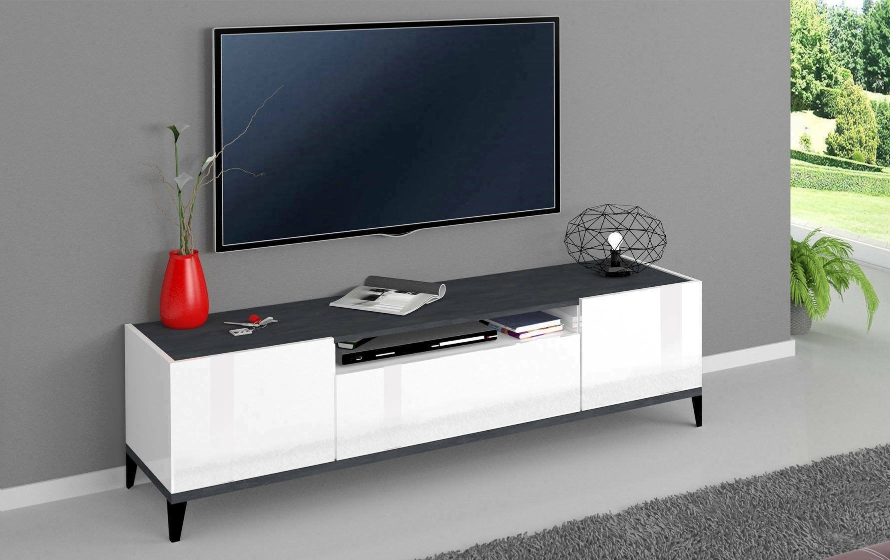 Mobile da soggiorno Porta Argentoro, Made in Italy, Supporto per Argentoro da salotto a 2 ante e 1 cassetto, Cm 160x40h47, Bianco lucido e Ardesia