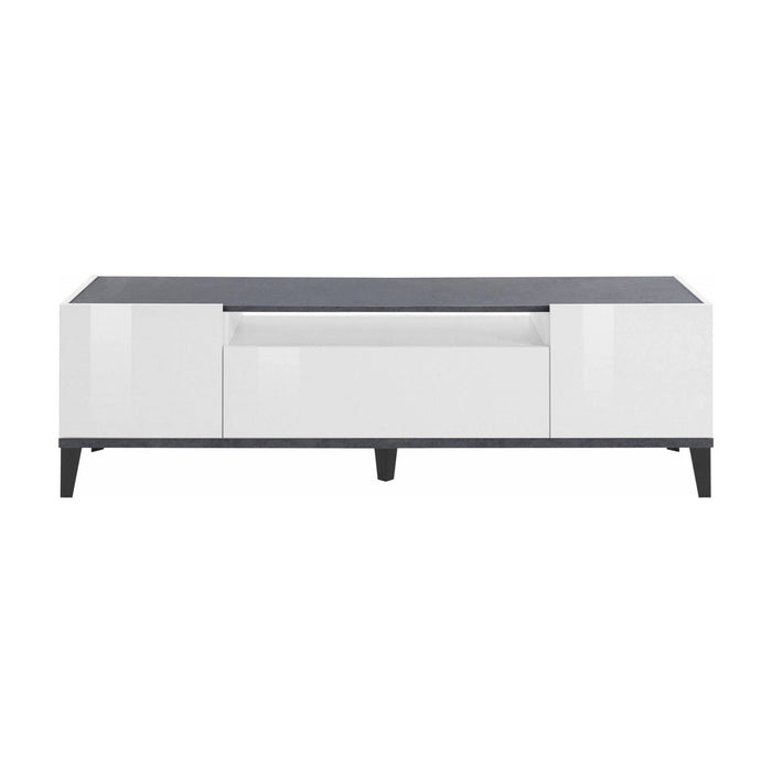 Mobile da soggiorno Porta Argentoro, Made in Italy, Supporto per Argentoro da salotto a 2 ante e 1 cassetto, Cm 160x40h47, Bianco lucido e Ardesia