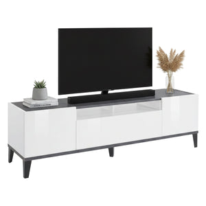 Mobile da soggiorno Porta Argentoro, Made in Italy, Supporto per Argentoro da salotto a 2 ante e 1 cassetto, Cm 160x40h47, Bianco lucido e Ardesia