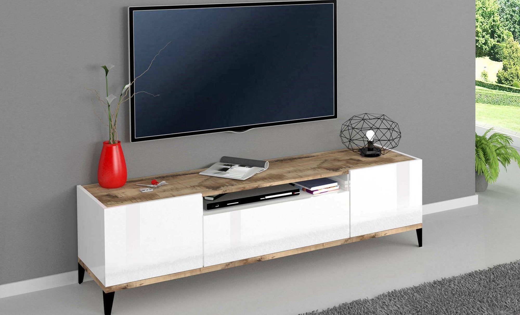 Mobile da soggiorno Porta Argentoro, Made in Italy, Supporto per Argentoro da salotto a 2 ante e 1 cassetto, Cm 160x40h47, Bianco lucido e Acero