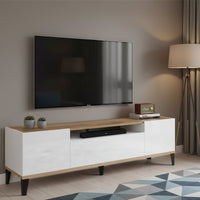 Mobile da soggiorno Porta Argentoro, Made in Italy, Supporto per Argentoro da salotto a 2 ante e 1 cassetto, Cm 160x40h47, Bianco lucido e Acero