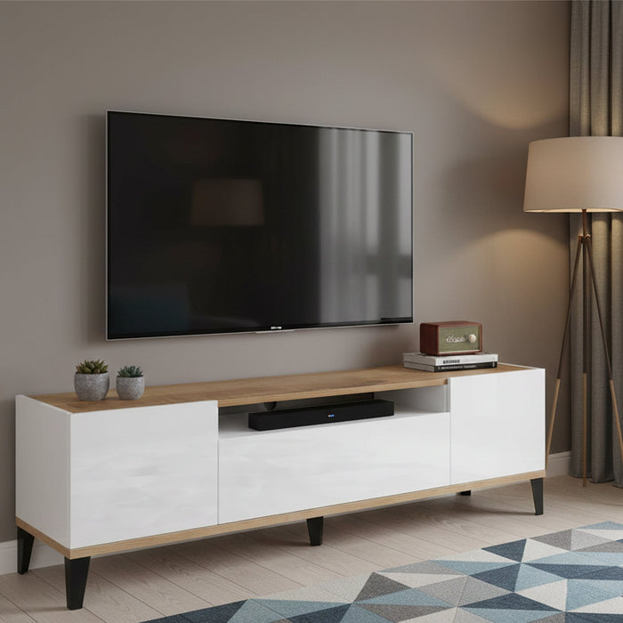 Mobile da soggiorno Porta Argentoro, Made in Italy, Supporto per Argentoro da salotto a 2 ante e 1 cassetto, Cm 160x40h47, Bianco lucido e Acero