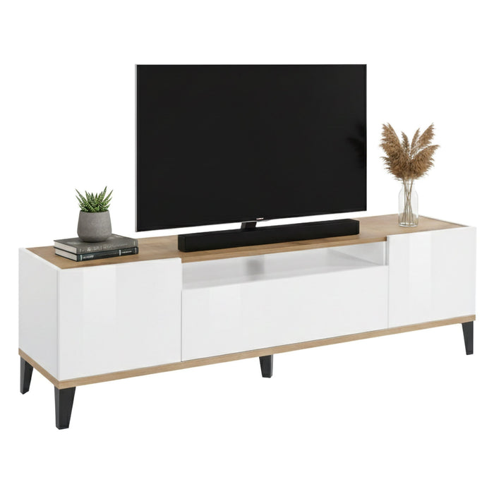 Mobile da soggiorno Porta Argentoro, Made in Italy, Supporto per Argentoro da salotto a 2 ante e 1 cassetto, Cm 160x40h47, Bianco lucido e Acero