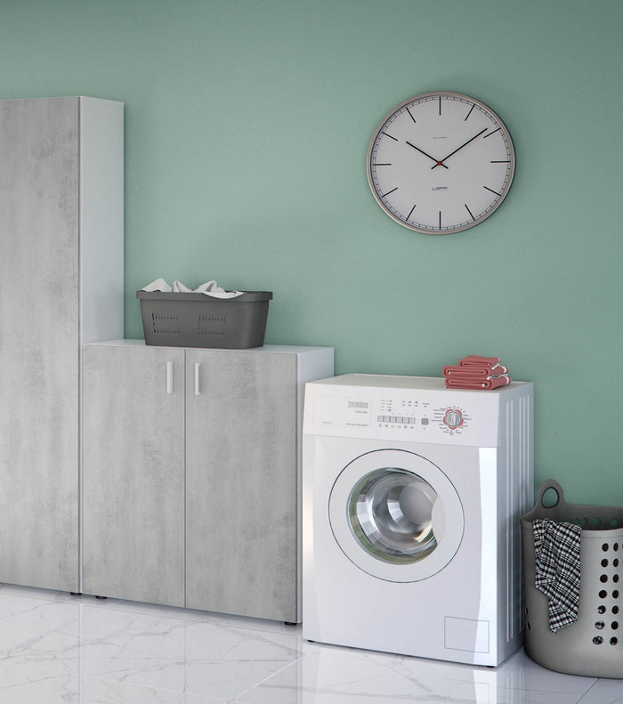 Armadio multiuso Argento, Mobile ausiliario basso, Scarpiera a 2 ante battenti e 1 ripiano, Mobile portascarpe, cm 80x37h92, Cemento e Bianco