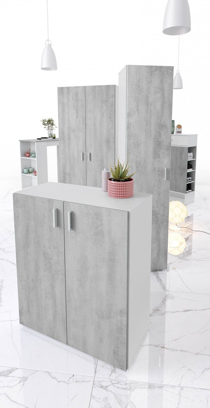 Armadio multiuso Argento, Mobile ausiliario basso, Scarpiera a 2 ante battenti e 1 ripiano, Mobile portascarpe, cm 80x37h92, Cemento e Bianco