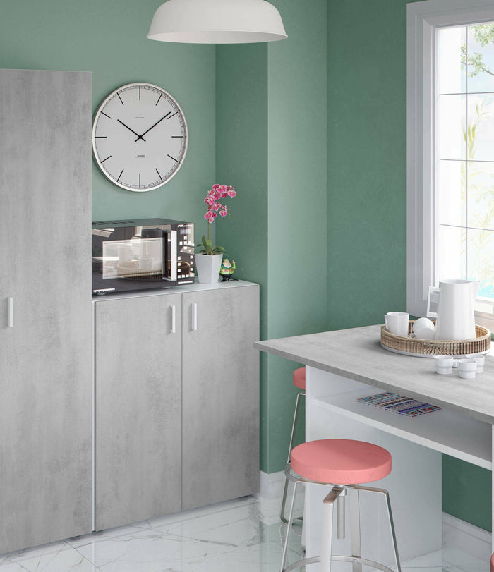 Armadio multiuso Argento, Mobile ausiliario basso, Scarpiera a 2 ante battenti e 1 ripiano, Mobile portascarpe, cm 80x37h92, Cemento e Bianco