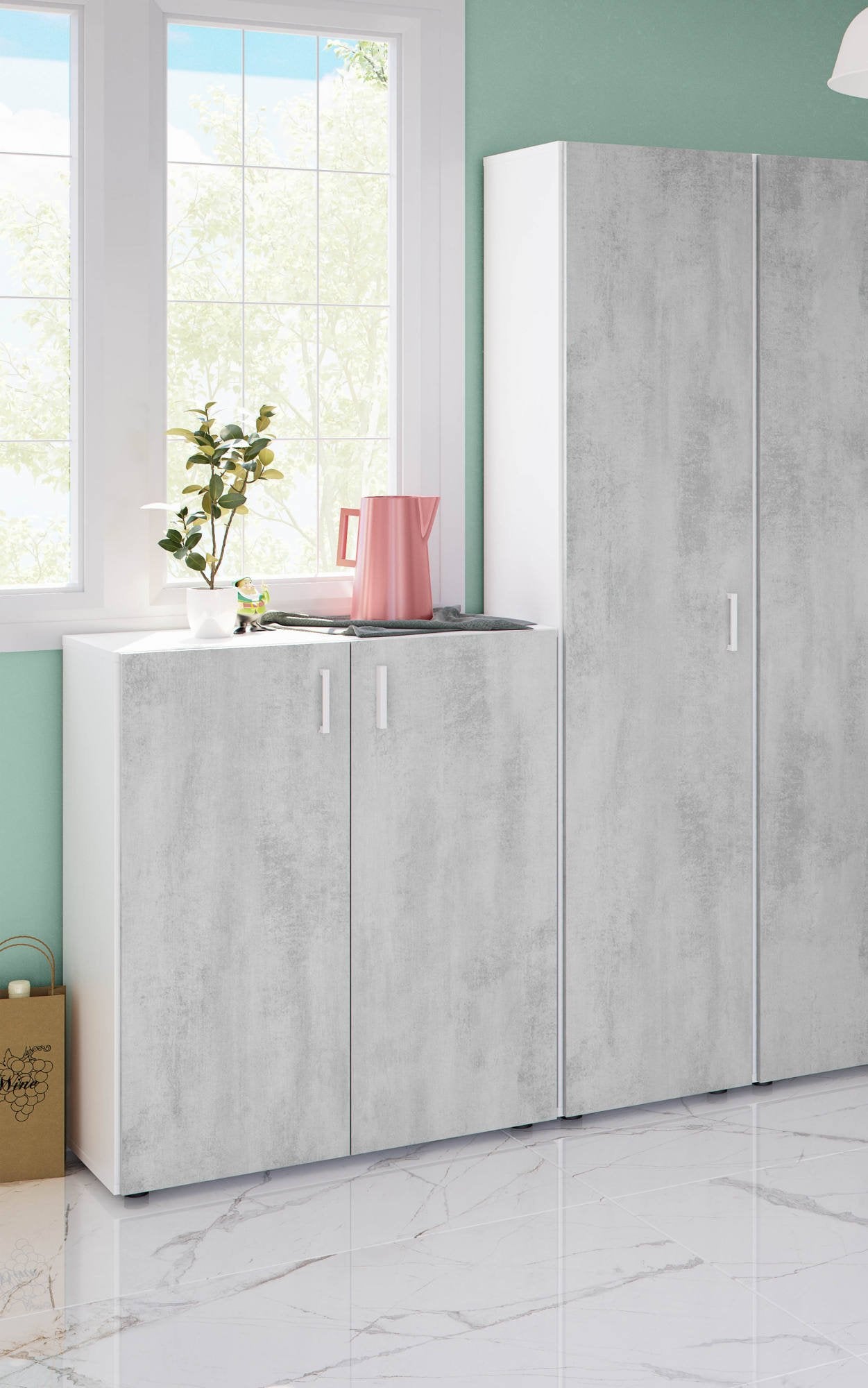 Armadio multiuso Avlis, Mobile ausiliario a 1 anta e 3 ripiani, Guardaroba moderno, Mobile alto a colonna, cm 41x37h182, Cemento e Bianco