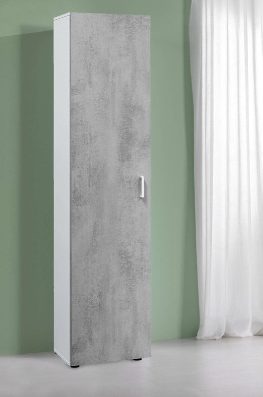 Armadio multiuso Avlis, Mobile ausiliario a 1 anta e 3 ripiani, Guardaroba moderno, Mobile alto a colonna, cm 41x37h182, Cemento e Bianco