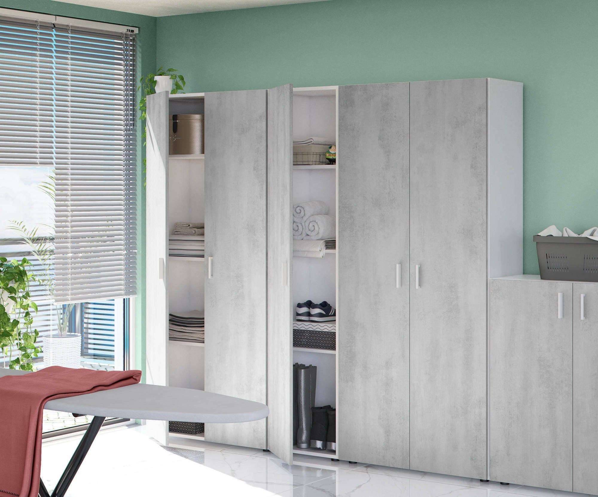 Armadio multiuso Ashkita, Mobile ausiliario a 2 ante, Guardaroba portascope a 2 ante e 3 ripiani, cm 80x37h182, Cemento e Bianco