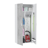 Armadio multiuso Ashkita, Mobile ausiliario a 2 ante, Guardaroba portascope a 2 ante e 3 ripiani, cm 80x37h182, Cemento e Bianco