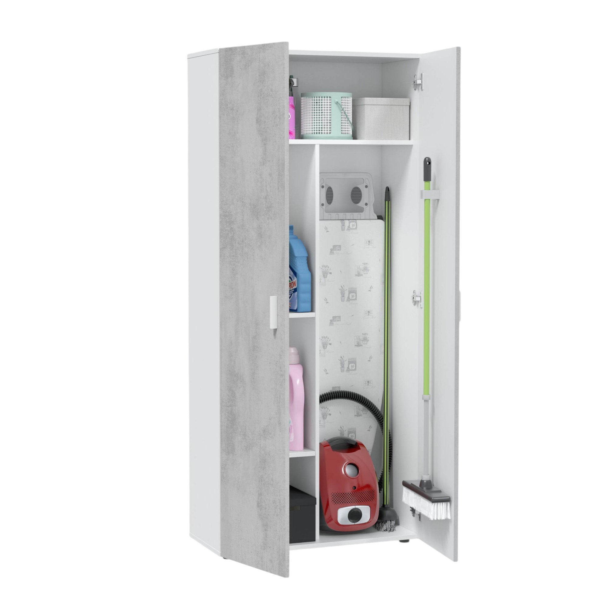 Armadio multiuso Ashkita, Mobile ausiliario a 2 ante, Guardaroba portascope a 2 ante e 3 ripiani, cm 80x37h182, Cemento e Bianco