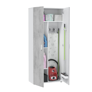 Armadio multiuso Ashkita, Mobile ausiliario a 2 ante, Guardaroba portascope a 2 ante e 3 ripiani, cm 80x37h182, Cemento e Bianco