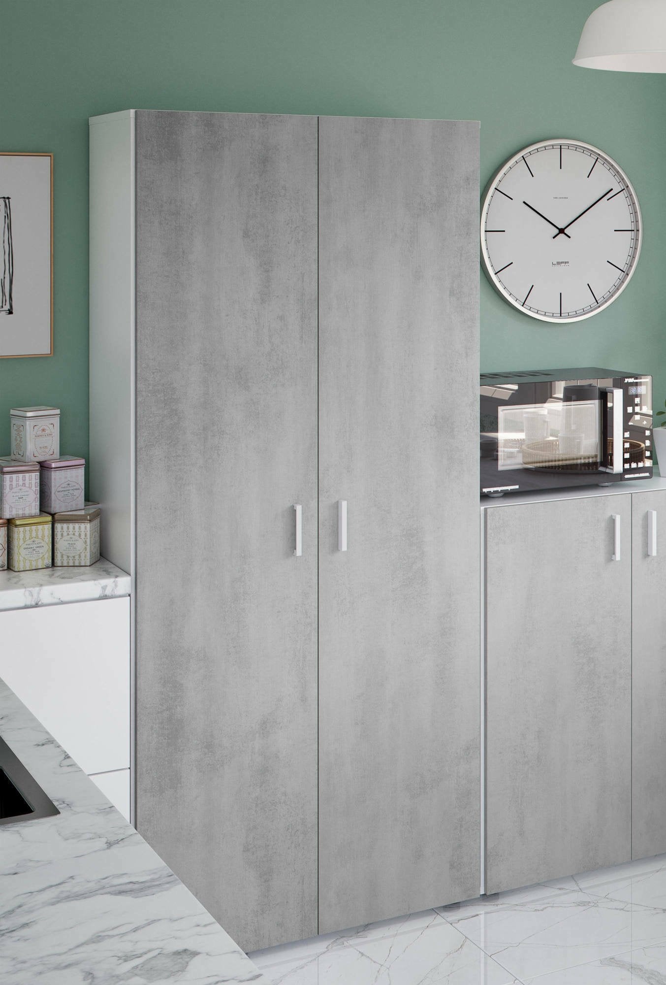 Armadio multiuso Ashkita, Mobile ausiliario a 2 ante, Guardaroba portascope a 2 ante e 3 ripiani, cm 80x37h182, Cemento e Bianco