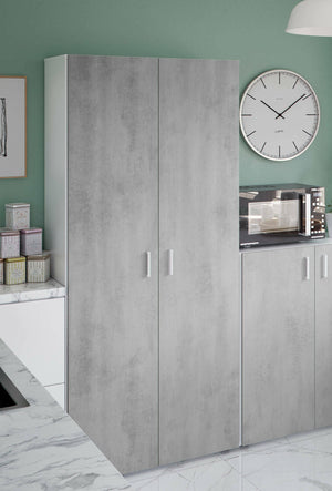 Armadio multiuso Ashkita, Mobile ausiliario a 2 ante, Guardaroba portascope a 2 ante e 3 ripiani, cm 80x37h182, Cemento e Bianco