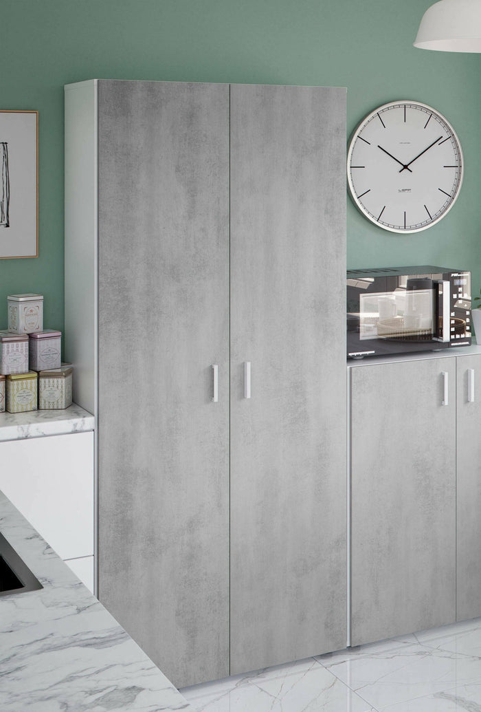 Armadio multiuso Ashkita, Mobile ausiliario a 2 ante, Guardaroba portascope a 2 ante e 3 ripiani, cm 80x37h182, Cemento e Bianco