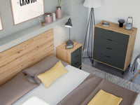 Comodino Allan, Set camera da letto, Testiera letto e 2 Comodini a 3 cassetti, cm 160x2, Rovere effetto nodi e Antracite