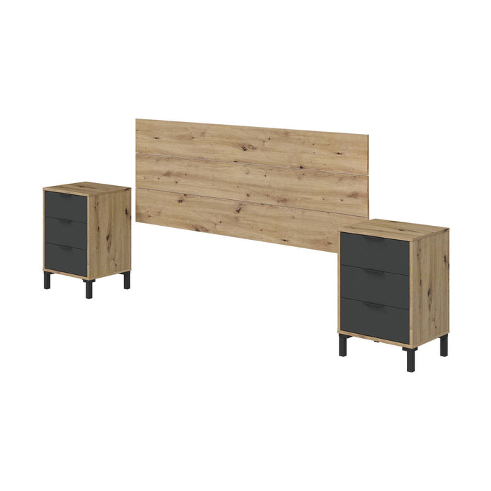 Comodino Allan, Set camera da letto, Testiera letto e 2 Comodini a 3 cassetti, cm 160x2, Rovere effetto nodi e Antracite
