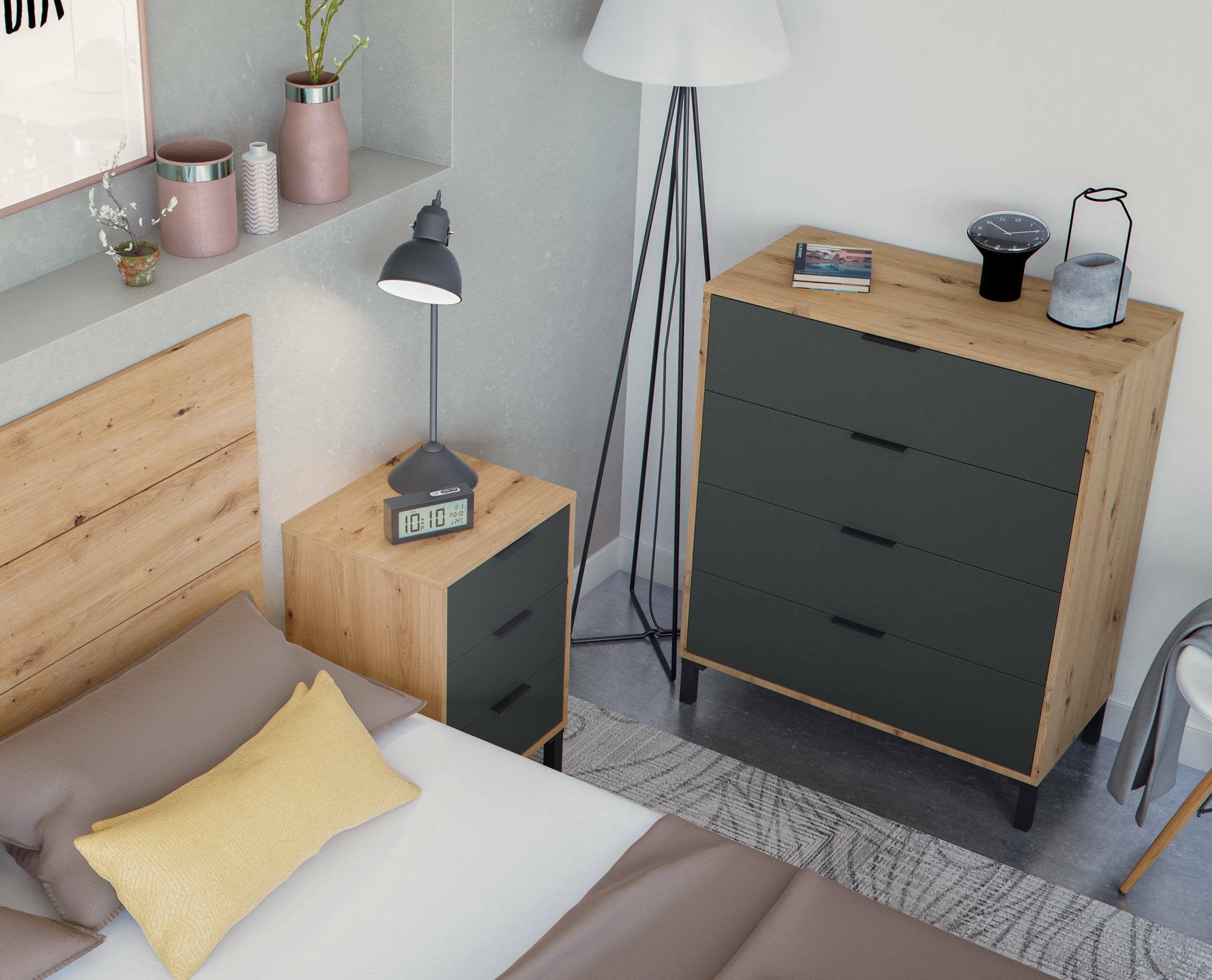 Cassettiera Alfana, Settimanale a 4 cassetti, Mobile ComÒ² per camera da letto, ComÒ² moderno, cm 76x40h94, Rovere nodi e Antracite