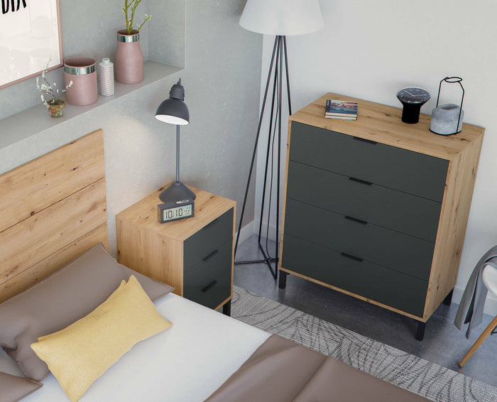 Cassettiera Alfana, Settimanale a 4 cassetti, Mobile ComÒ² per camera da letto, ComÒ² moderno, cm 76x40h94, Rovere nodi e Antracite