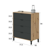 Cassettiera Alfana, Settimanale a 4 cassetti, Mobile ComÒ² per camera da letto, ComÒ² moderno, cm 76x40h94, Rovere nodi e Antracite