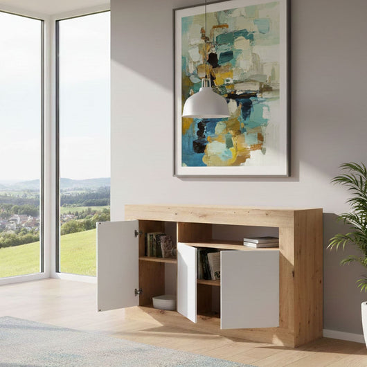 Credenza Ilizia, Madia moderna a 3 ante, Buffet da soggiorno porta TV, cm 144x42h87, Rovere nodi e Bianco
