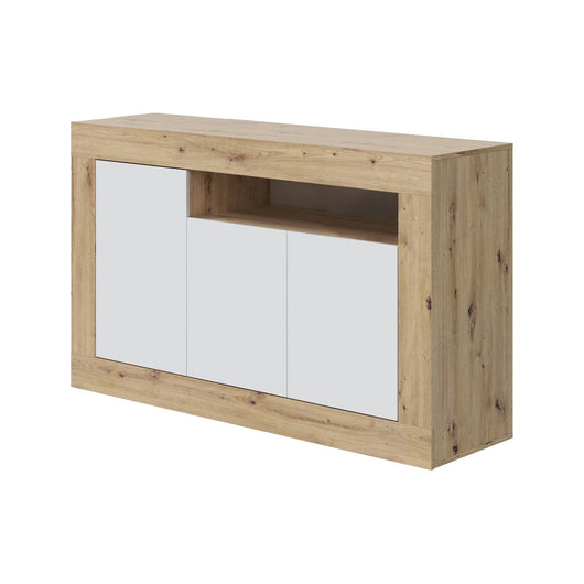 Credenza Ilizia, Madia moderna a 3 ante, Buffet da soggiorno porta TV, cm 144x42h87, Rovere nodi e Bianco
