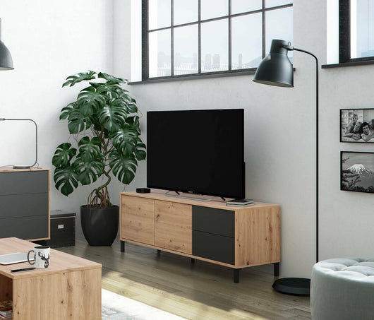 Credenza Anora, Madia moderna a 2 ante, Buffet da soggiorno, Mobile porta TV, Madia con piedini per salotto, cm 130x41h47, Rovere nodi e Antracite